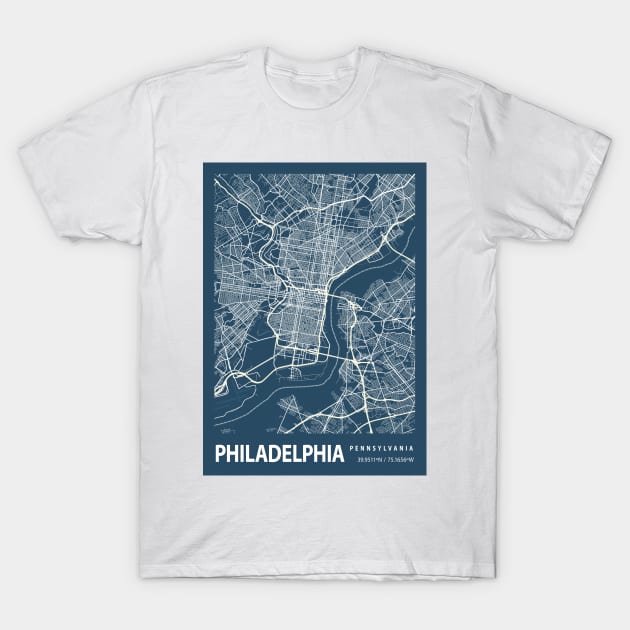 Philadelphia Blueprint Street Map, Philadelphia Colour Map Prints T-Shirt by tienstencil